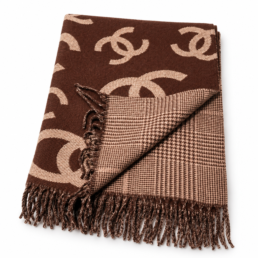 Chanel Style Oversized Logo Check Fringe Scarf